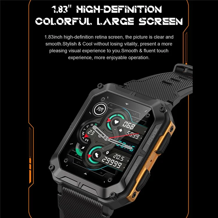 C20 Pro Outdoor Sports Watch 1.83 Pulgadas HD Smart Bracelet Support Bluetooth Call Music Playback - Naranja