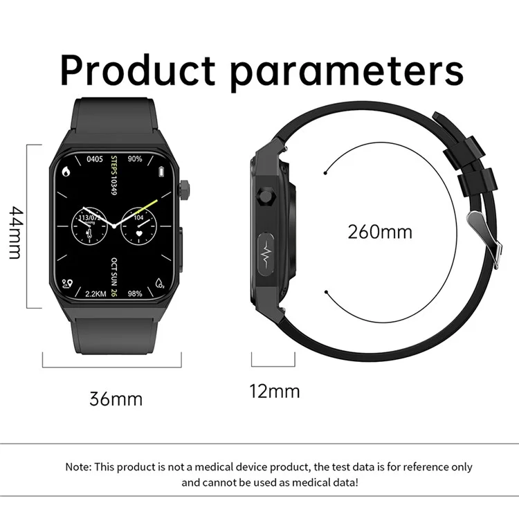 Умные часы E530 IP68 Waterproof с 1,91-дюймовым экраном, монитором ЭКГ, частоты сердечных сокращений и температуры тела, силиконовый ремешок - черные