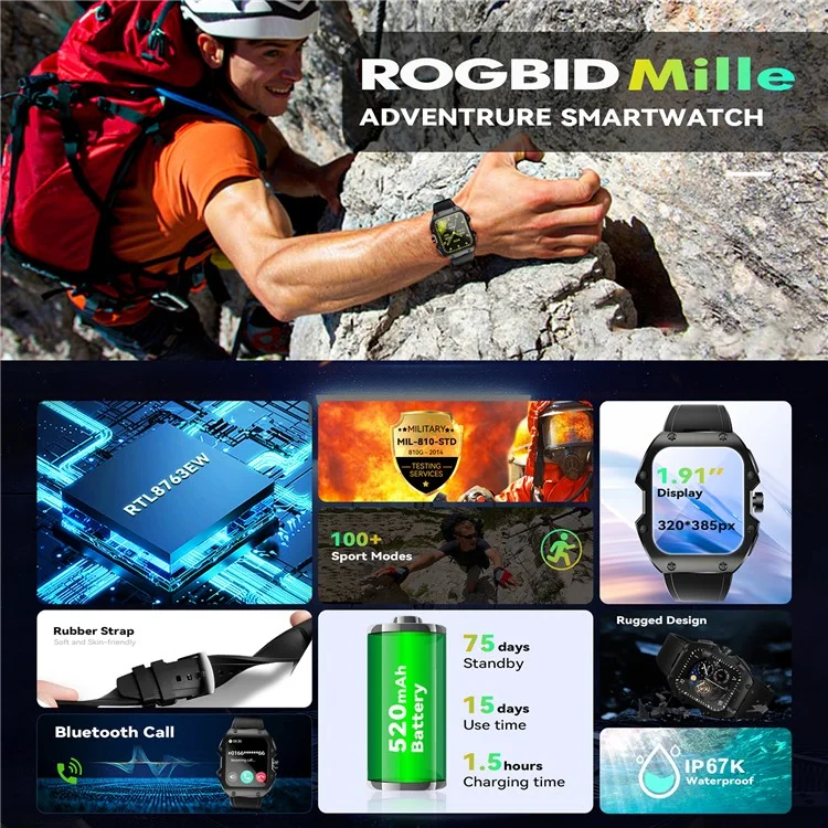 Rogbid Mille 1,91 "ips Bluetooth Smart Watch Chamada Responder Ratine Fitness Tracker Com Monitor de Freqüência Cardíaca, Rastreamento de Oxigênio no Sangue - Ouro