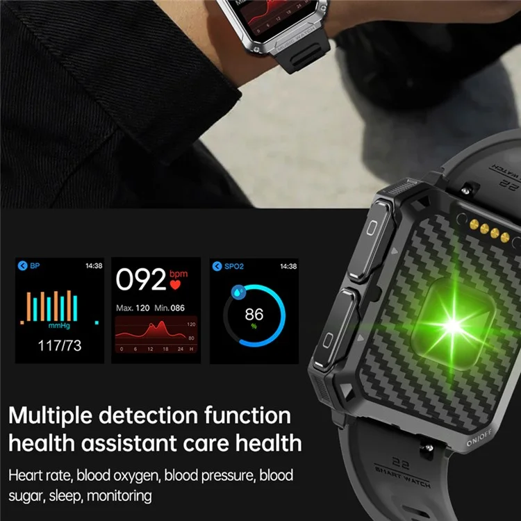 T93 Military Grade 1.96" HD Screen Sports Watch Local Music 4G Recording Bluetooth Call Smart Bracelet with Headset - Black