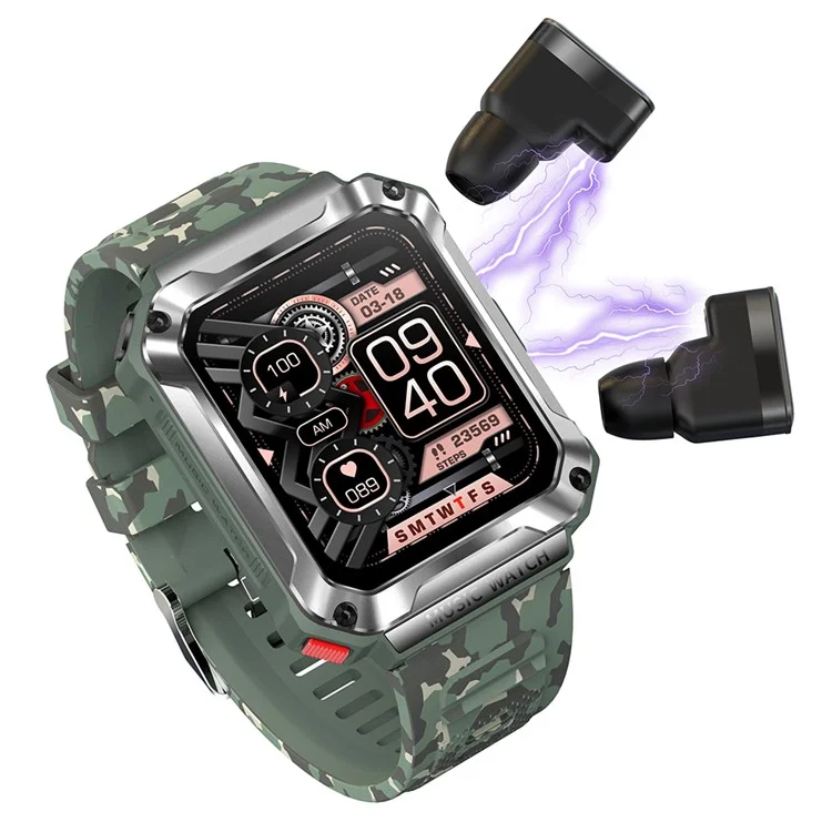 T93 Military Grade 1.96" HD Screen Sports Watch Local Music 4G Recording Bluetooth-compatible Call Smart Bracelet with Headset - Green Camouflage