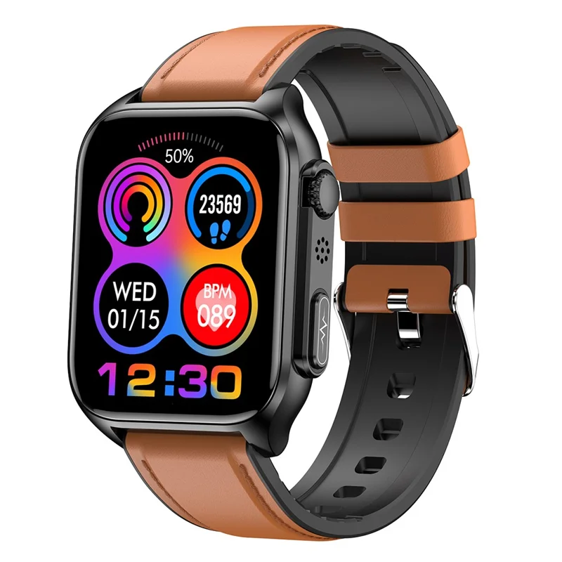 TK12 1.96" ECG + PPG Smart Watch Bluetooth-compatible Call Fitness Bracelet Support Multi-Exercise Mode - Brown / Leather Strap