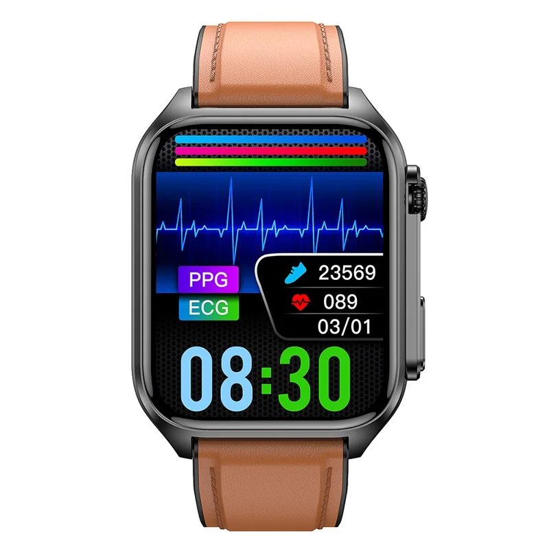 TK12 1.96" ECG + PPG Smart Watch Bluetooth-compatible Call Fitness Bracelet Support Multi-Exercise Mode - Brown / Leather Strap
