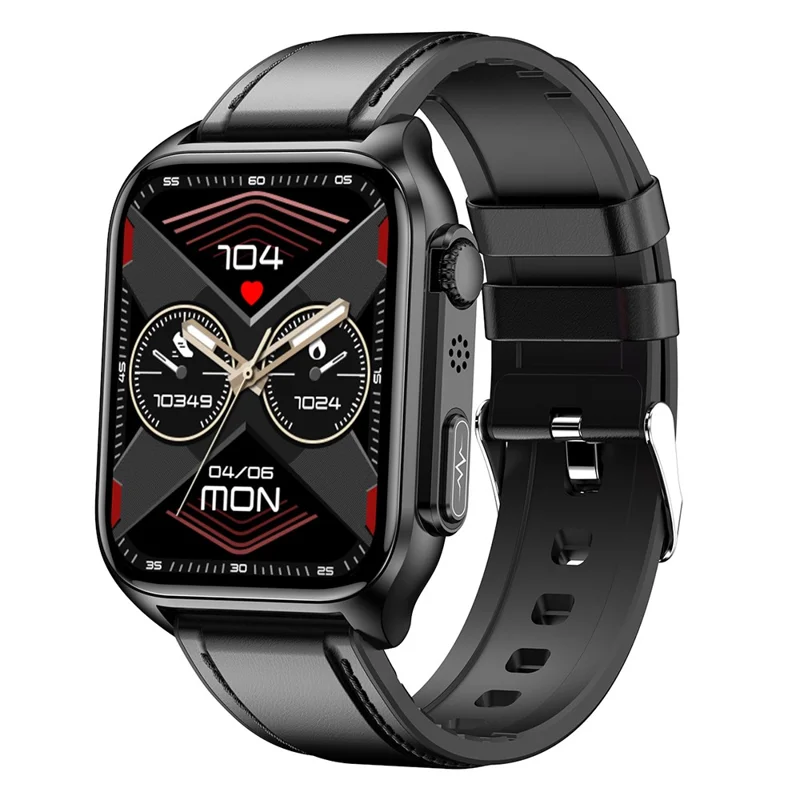 TK12 1.96" ECG + PPG Smart Watch Bluetooth-compatible Call Fitness Bracelet Support Multi-Exercise Mode - Black / Leather Strap
