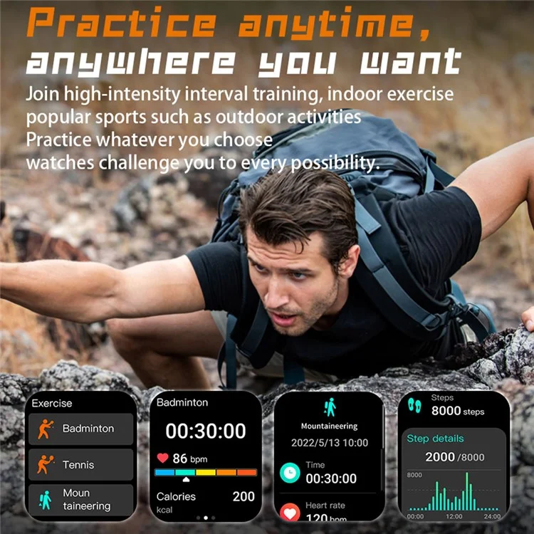 T21 1.96 inch Large Screen Smart Band Outdoor Bluetooth-compatible Call Sports Watch with Heart Rate, Blood Pressure, Blood Oxygen Monitoring - Black