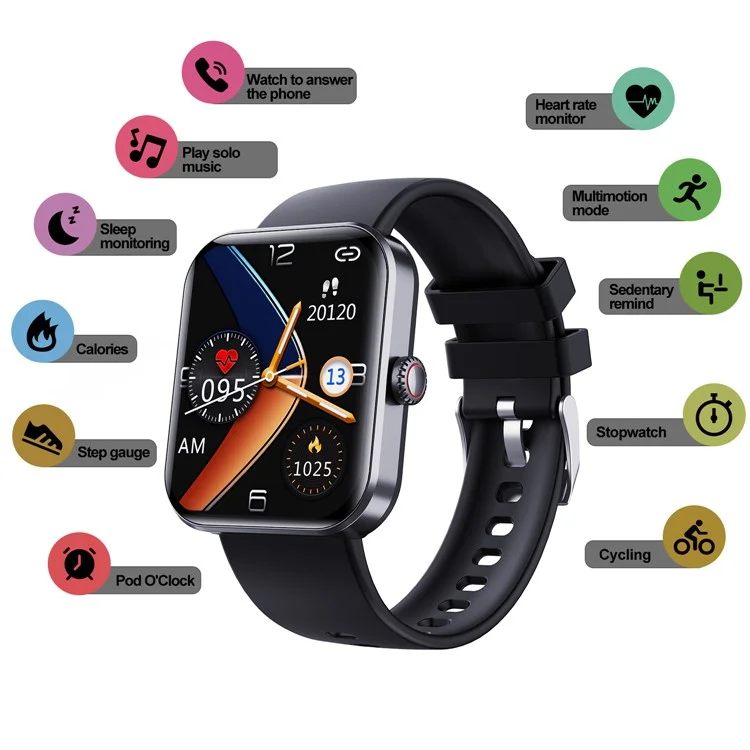Montre intelligente F57L 1,91 pouces avec bracelet de sport, détection de la glycémie, du rythme cardiaque, de l'oxygène dans le sang et de la température - Noir.