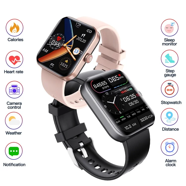 Montre intelligente F57L 1,91 pouces avec bracelet de sport, détection de la glycémie, du rythme cardiaque, de l'oxygène dans le sang et de la température - Noir.