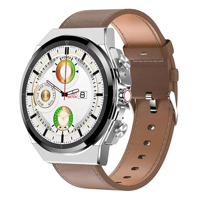 JM08 2-in-1 Bluetooth Call Smart Watch with TWS Headset, 1.28-inch Screen Health Monitor Sports Bracelet - Silver Brown / Leather Strap