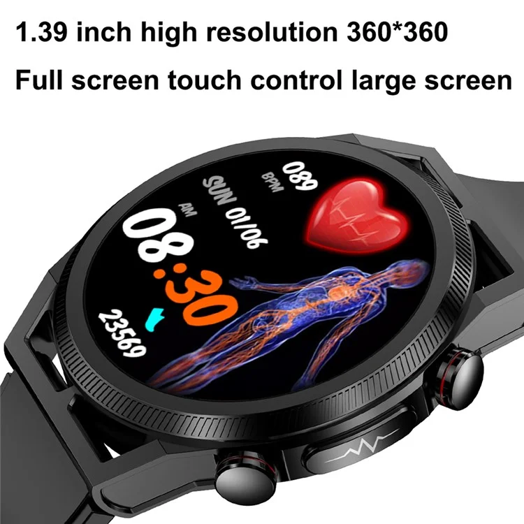 ET310 1,39 "bracelet Intelligent Multifonction Health Watch With Uric Acid ECG Cate Carente Temper la Température de la Température de la Pression Artérielle - Noir / Sangle de TPU