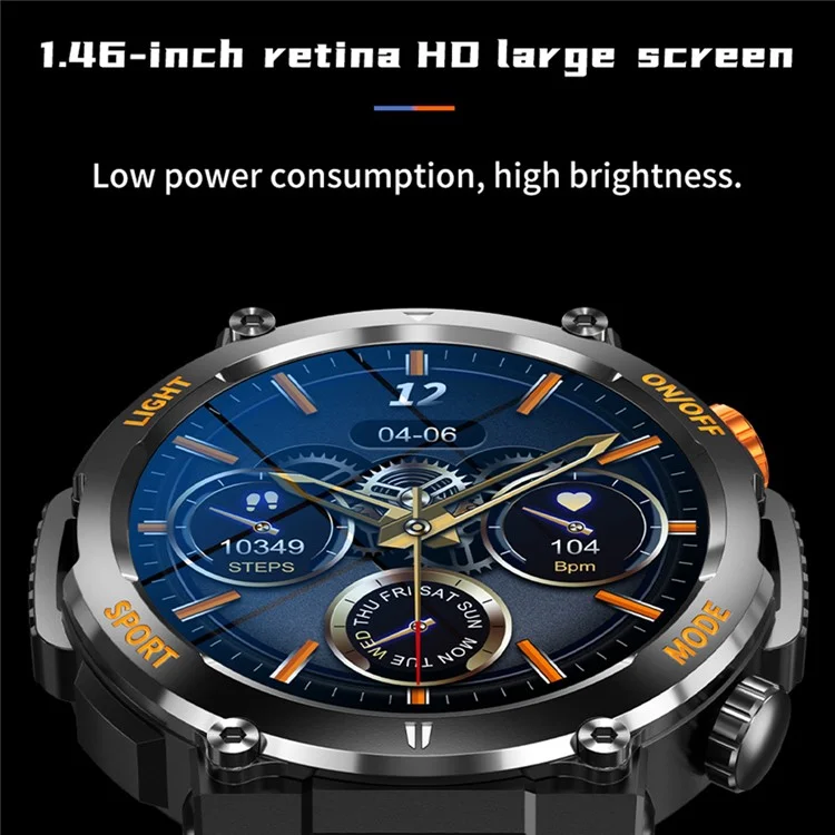 HT17 Smart Watch 1.46" HD Screen Waterproof Activity Tracker Bracelet with LED Flashlight Heart Rate Sleep Monitor - Black