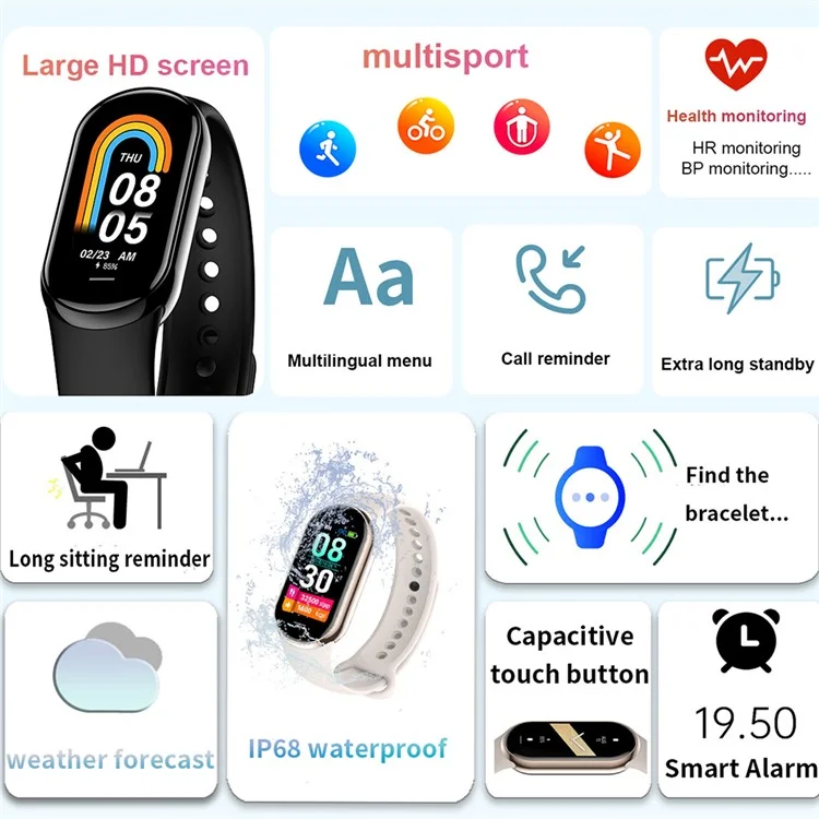 M8 1,14'' Smart Watch Fitness Aktivitätsmonitor Uhr Herzfrequenz, Blutdruck, Blutzucker, Schlafüberwachung - Schwarz