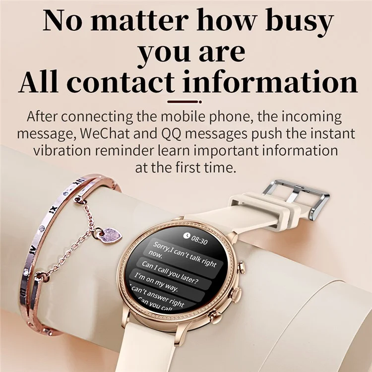 V60 1.39" Full Touch Screen Fossil Smart Watch Waterproof Silicone Strap Women Bluetooth Call Bracelet with Heart Rate Sleep Monitor - Beige