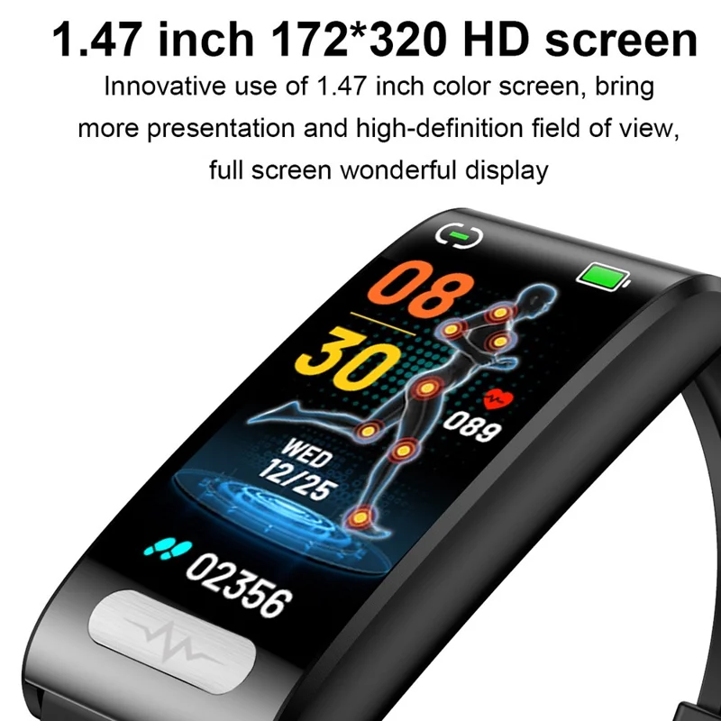 TK70 1.47-inch Touch Screen Watch ECG Blood Glucose Heart Rate Blood Pressure Monitoring Smart Bracelet, Leather Strap - Black