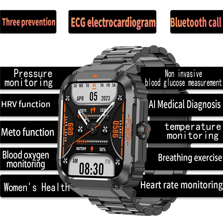 ET550 IP68 Bracciale sportivo impermeabile ECG Monitoraggio della glicemia, della frequenza cardiaca e della temperatura corporea Smart Watch, Cinturino in acciaio