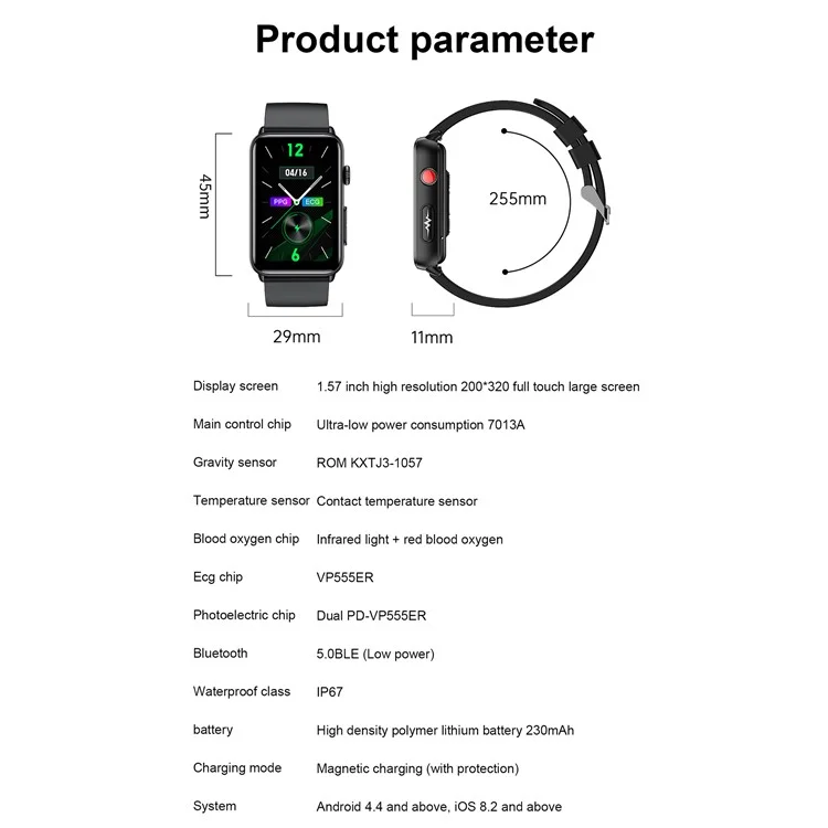 ET620 Montre électrique de 1,57 pouce avec surveillance ECG, température, fréquence cardiaque, Bluetooth, appels, IP67 Waterproof Smart Bracelet, Bracelet en TPU - Noir