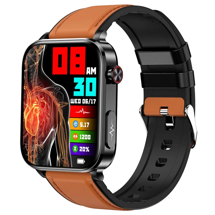 TK15 1.96" Smart Watch Bluetooth-compatible Call ECG Heart Rate Temperature Monitoring Sports Bracelet with Pedometer, Leather Strap - Brown