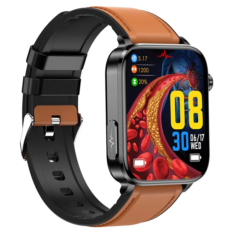 TK15 1.96" Smart Watch Bluetooth-compatible Call ECG Heart Rate Temperature Monitoring Sports Bracelet with Pedometer, Leather Strap - Brown