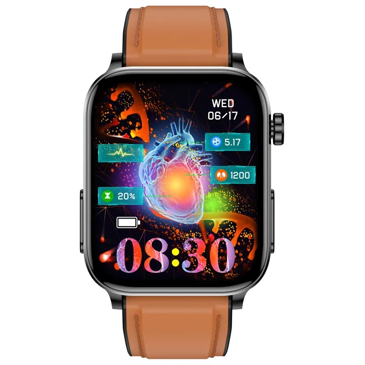 TK15 1.96" Smart Watch Bluetooth-compatible Call ECG Heart Rate Temperature Monitoring Sports Bracelet with Pedometer, Leather Strap - Brown