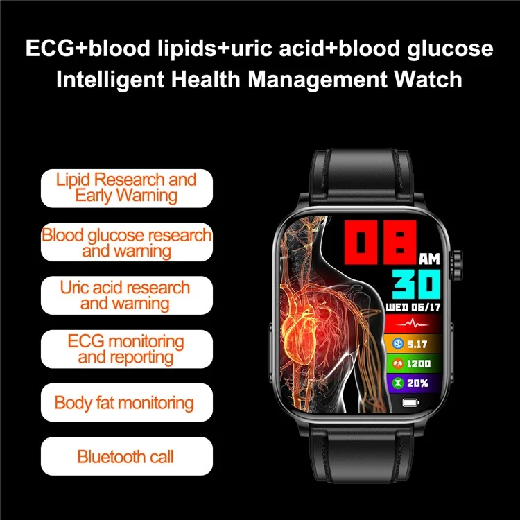 TK15 1.96" Smart Watch Bluetooth-compatible Call ECG Heart Rate Temperature Monitoring Sports Bracelet with Pedometer, Leather Strap - Brown