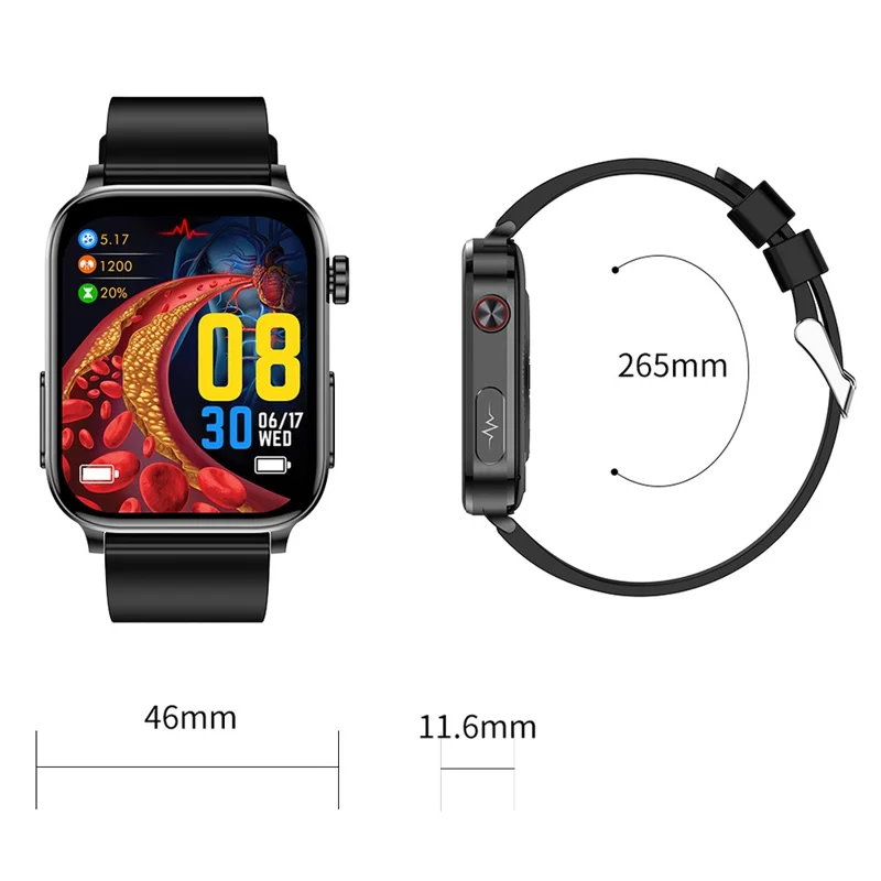 Bracelet intelligent TK15 1,96 pouces Bluetooth avec appel ECG, surveillance du rythme cardiaque et de la température, montre de sport avec podomètre, bracelet en silicone - Noir