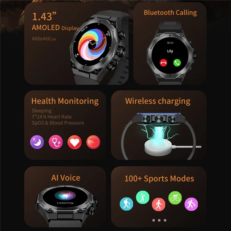 Bulk Buy AM18 Bluetooth Anrufruf Uhr 1,43" AMOLED Rund Bildschirm Gesundheitsüberwachung Sport Armband - Schwarz+Blau