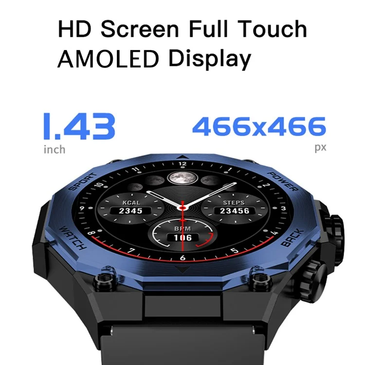 Bulk Buy AM18 Bluetooth Anrufruf Uhr 1,43" AMOLED Rund Bildschirm Gesundheitsüberwachung Sport Armband - Schwarz+Blau