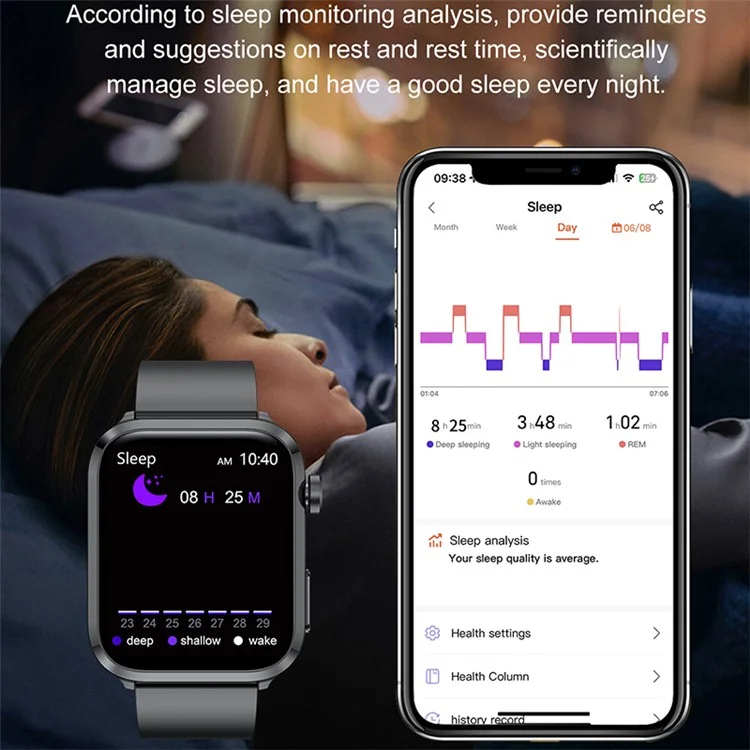 F220 1.91'' HD Full Touch Health Monitoring Smart Bracelet with Bluetooth-compatible Call and Temperature Tracking - Black / Leather Strap