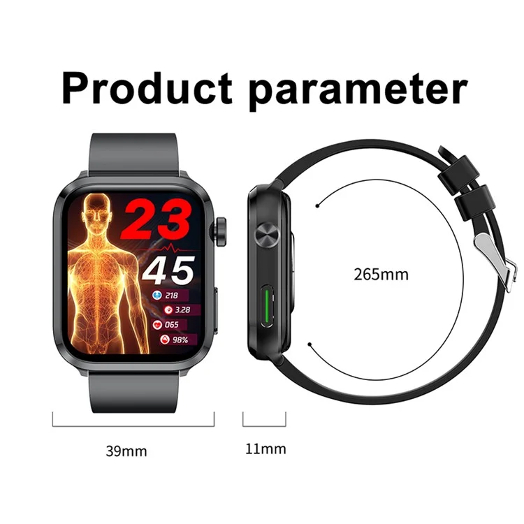 F220 1.91'' HD Full Touch Fitness Tracker Non-invasive Blood Glucose Watch with Uric Acid Blood Lipids Temperature Monitor - Black / Leather Strap