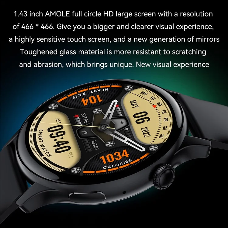 HK85 1.43-inch AMOLED Screen Smart Watch Heart Rate Monitoring Bluetooth-compatible Calling Sports Watch - Black