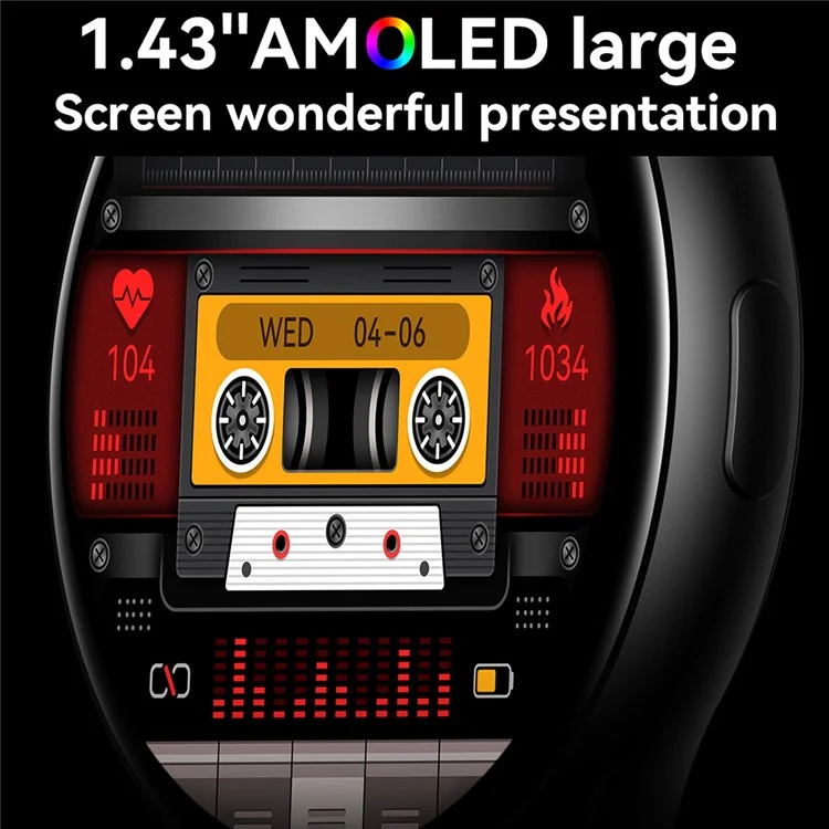 Relógio inteligente HK89 com tela AMOLED de 1,43 polegadas, à prova d'água, com monitoramento de saúde, Bluetooth e chamadas - Preto
