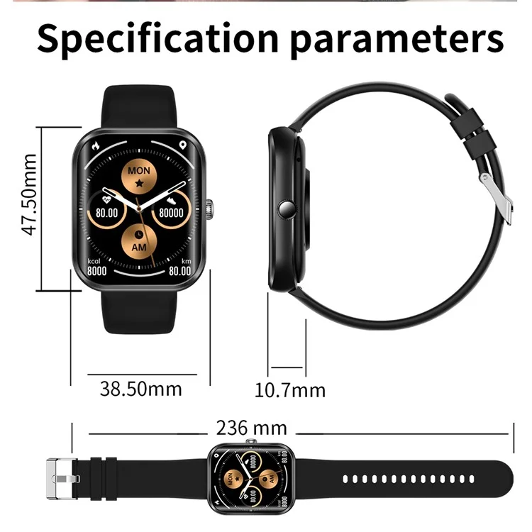 AK58 1.96-inch Large Screen Sports Bracelet Heart Rate Monitor Waterproof Smart Watch, Silicone Strap - Black
