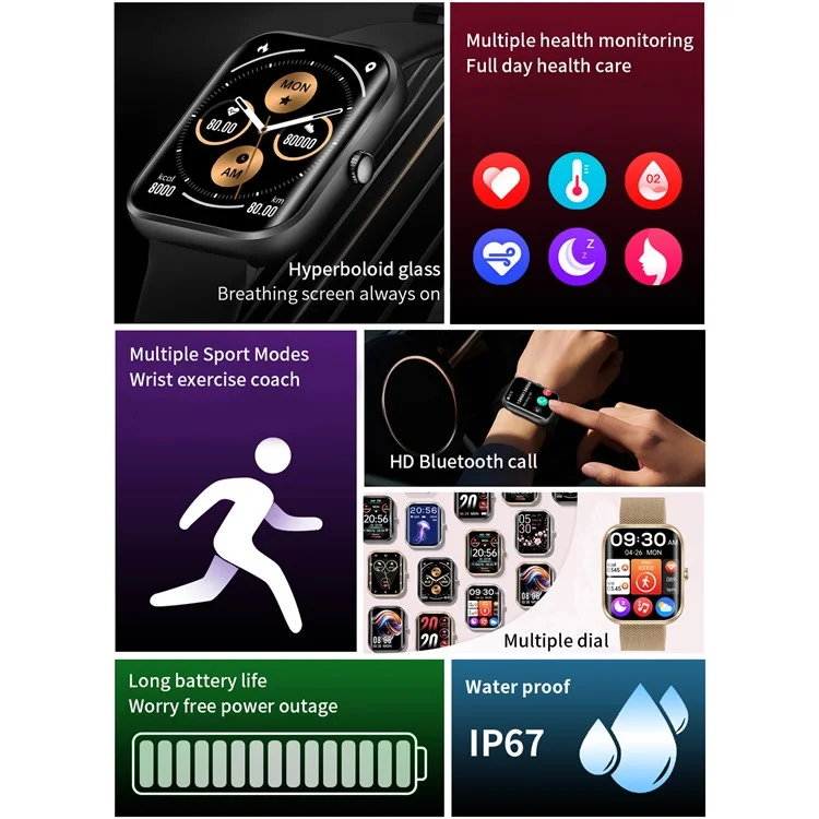 AK58 1.96-inch Large Screen Sports Bracelet Heart Rate Monitor Waterproof Smart Watch, Silicone Strap - Black