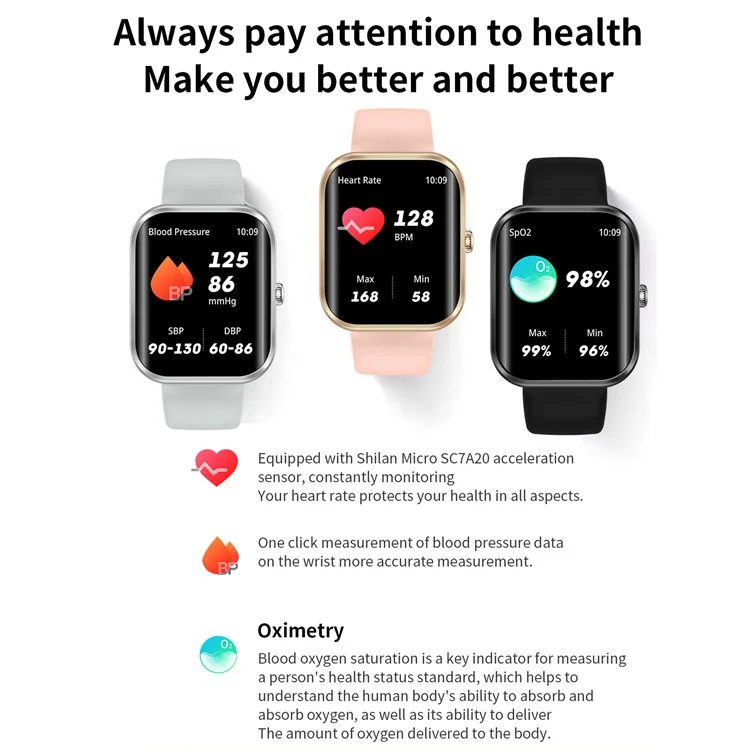 AK58 1.96-inch Large Screen Sports Bracelet Heart Rate Monitor Waterproof Smart Watch, Silicone Strap - Black