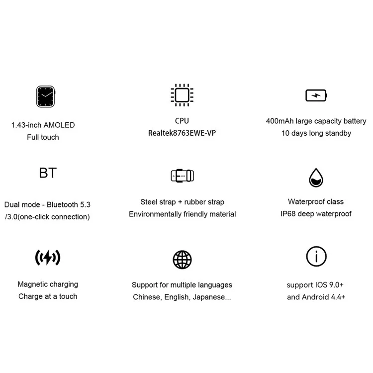 AK59 1.43-inch AMOLED Screen Heart Rate Blood Oxygen Monitor Smart Watch Support Bluetooth-compatible Call, Silicone Strap - Gold