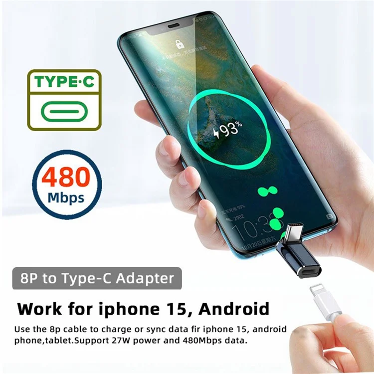 U2-058-LT018 Up Down Angled Design USB-C Male to 8Pin Female Converter Adapter Support 480Mbps Data Transfer