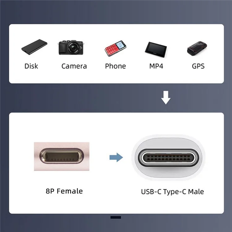U2-058-LT018 Up Down Angled Design USB-C Male to 8Pin Female Converter Adapter Support 480Mbps Data Transfer