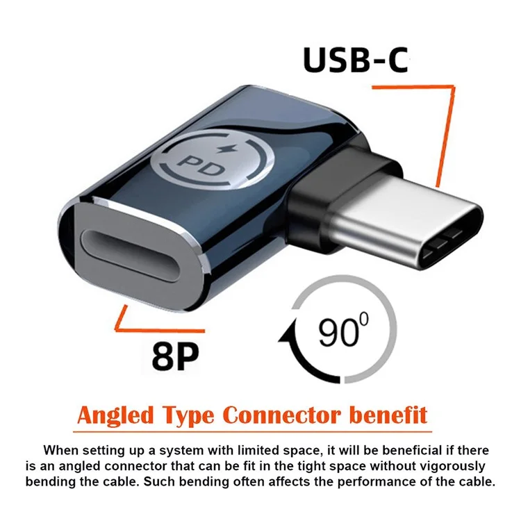 U2-058-LT017 Angled Design USB-C Male to 8Pin Female Converter 480Mbps Data Adapter for iPhone Type-C Tablet