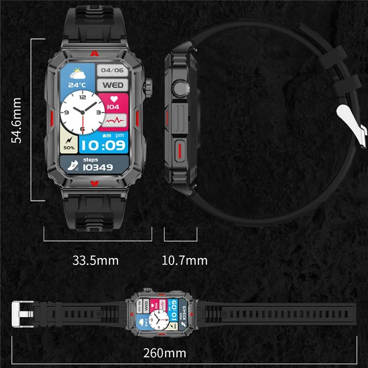 CF26 1.57-inch Touch Screen Smart Watch Health Monitor Fitness Wristband, Silicone Strap - Black