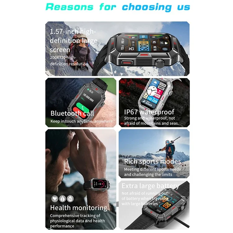 CF26 1.57-inch Touch Screen Smart Watch Health Monitor Fitness Wristband, Silicone Strap - Black
