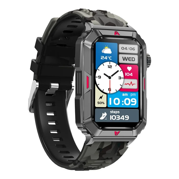 CF26 Smart Watch Health Monitor Fitness Bracelet Support Bluetooth-compatible Call, Camouflage Silicone Strap - Black