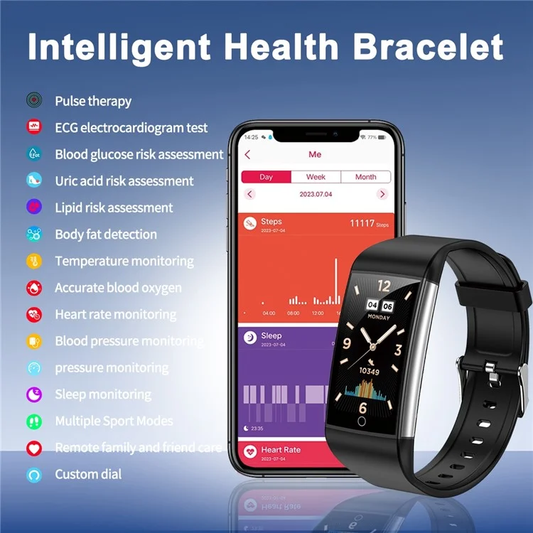 Tk76 1,47 "smart Bracelet IP68 Relógio de Saúde à Prova D'água Com ECG, Freqüência Cardíaca, Monitoramento de Temperatura - Preto