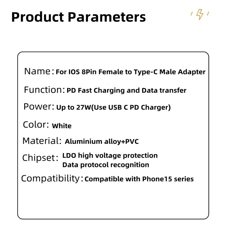 Совместим с адаптером iPhone 15 Series 8Pin Female to Type-C Male Adapter 27W PD Fast Charing с крючком
