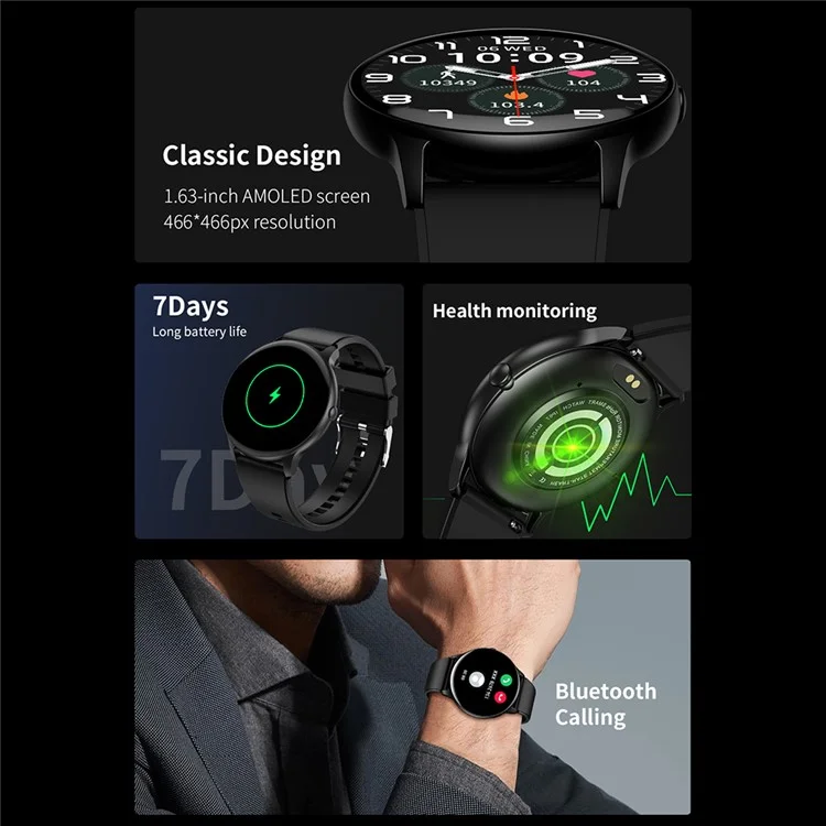 HDT6 1.63" Round Screen Smart Watch Bluetooth Calling Sports Bracelet with Health Monitoring - Black