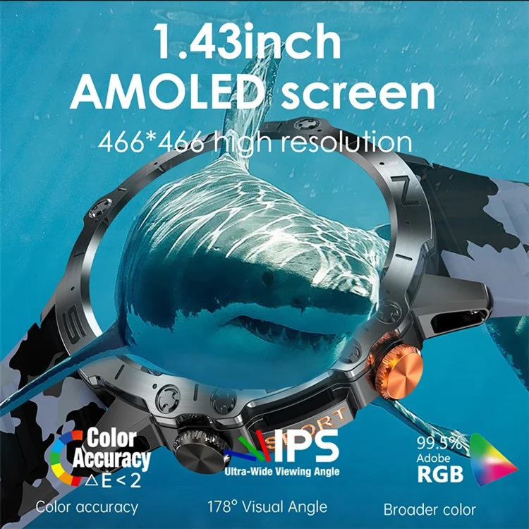 K59 1.43-inch AMOLED Screen Smart Watch for Men Sports Bracelet with Blood Pressure, Heart Rate Monitoring - Camo Blue