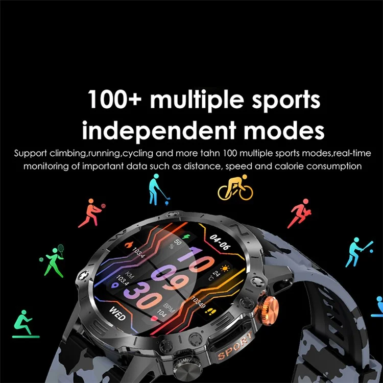 K59 1.43-inch AMOLED Screen Smart Watch for Men Sports Bracelet with Blood Pressure, Heart Rate Monitoring - Camo Blue