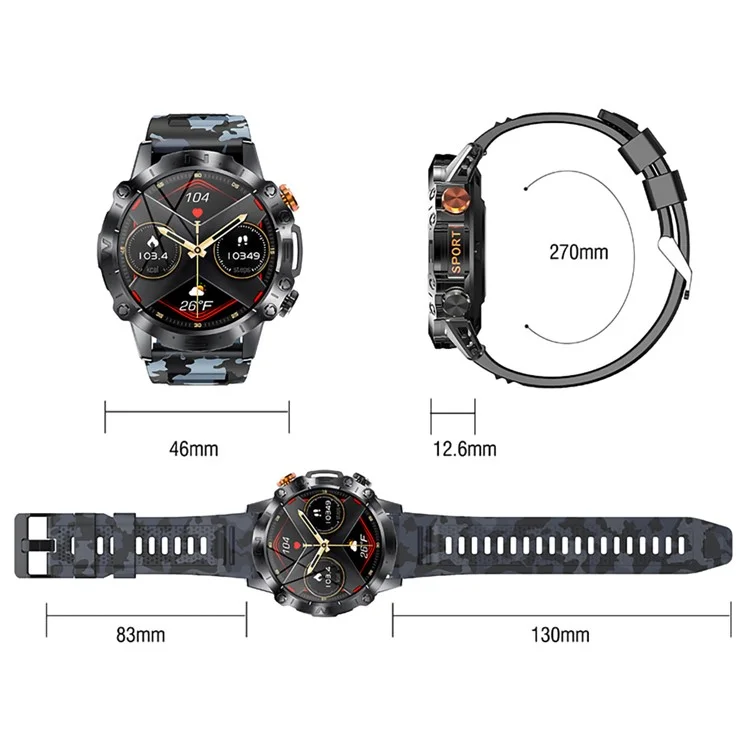 K59 1.43-inch AMOLED Screen Smart Watch for Men Sports Bracelet with Blood Pressure, Heart Rate Monitoring - Camo Blue