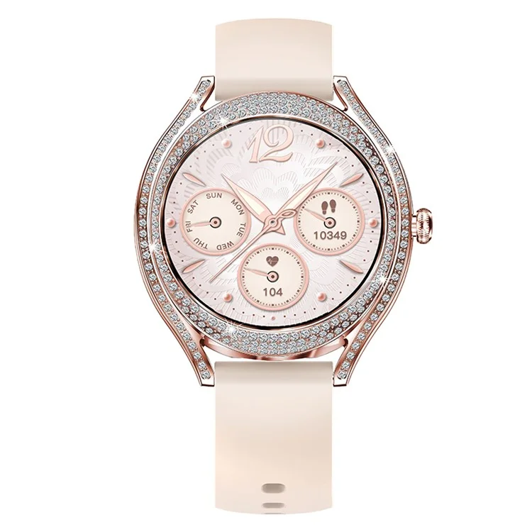 V66 1,28 Zoll HD-Bildschirm Smartwatch für Frauen mit Herzfrequenzmonitor, Armband mit Zirkonverzierung, Silikonband - Pink