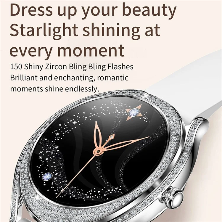 V66 1,28 Zoll HD-Bildschirm Smartwatch für Frauen mit Herzfrequenzmonitor, Armband mit Zirkonverzierung, Silikonband - Pink
