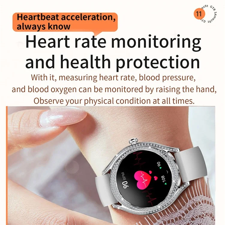 V66 1,28 Zoll HD-Bildschirm Smartwatch für Frauen mit Herzfrequenzmonitor, Armband mit Zirkonverzierung, Silikonband - Pink