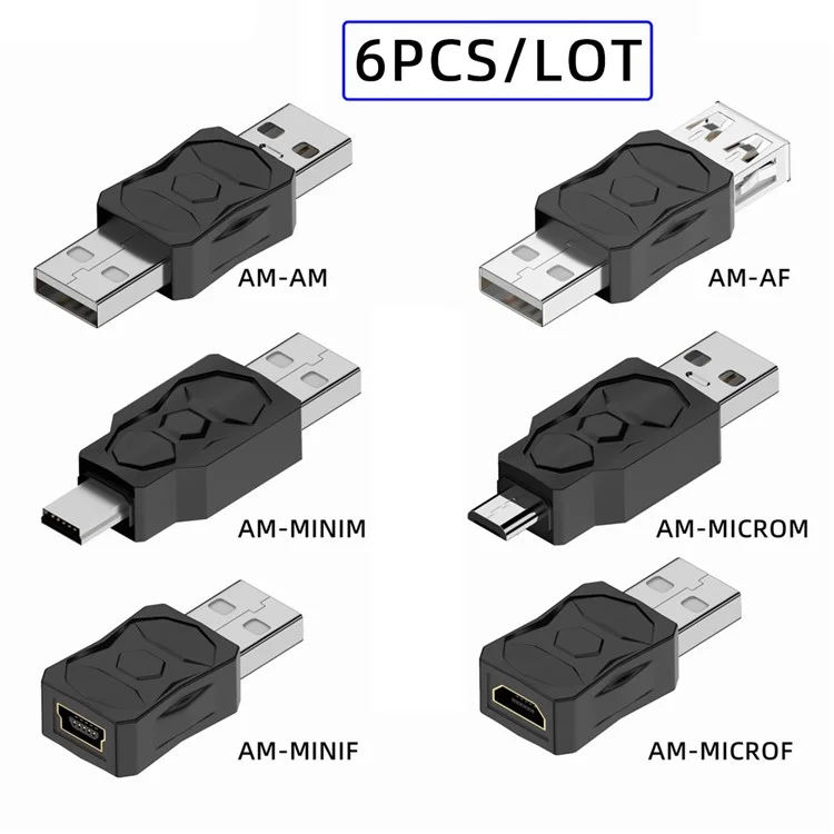 U2-006-AM 6Pcs Type-A Micro USB 2.0 Mini USB 5Pin Male to Female Extension Data Power Adapter